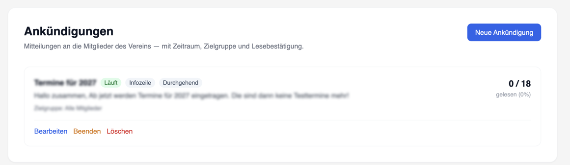 Die Verwaltung der Ankündigungen mit einer laufenden Ankündigung, ihren Kennzeichen und der Lesequote „0 / 18 gelesen"