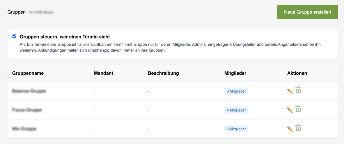 Die Gruppenübersicht mit dem Schalter „Gruppen steuern, wer einen Termin sieht" und einer Tabelle aus Gruppenname, Beschreibung und Mitgliederzahl