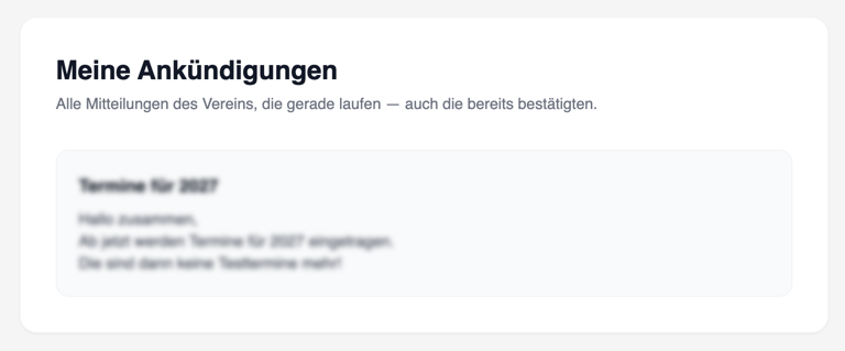 Die Seite „Meine Ankündigungen" mit einer laufenden Mitteilung des Vereins