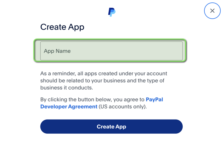 Der Dialog „Create App" mit dem Feld für den App-Namen