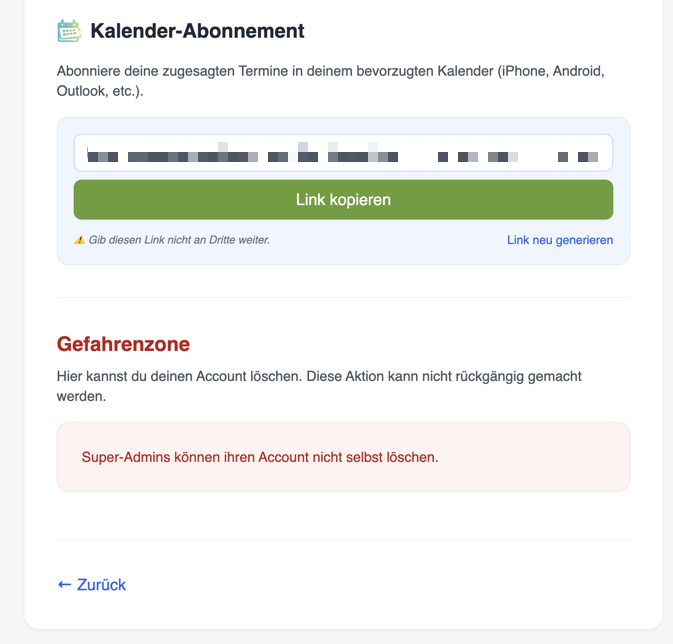Das Kalender-Abonnement mit Abo-Link und darunter die „Gefahrenzone" zum Löschen des Kontos