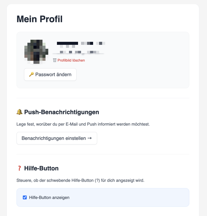 Der obere Teil von „Mein Profil" mit Profilbild, der Schaltfläche „Passwort ändern", den Push-Benachrichtigungen und dem Schalter für den Hilfe-Button