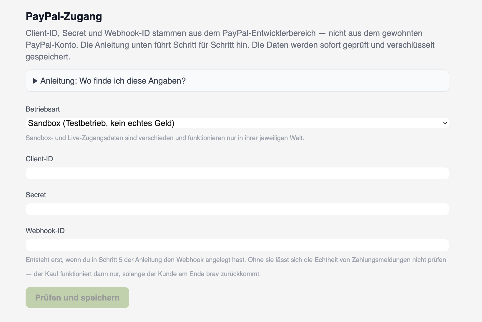 Der Abschnitt „PayPal-Zugang" im Menü Zahlungen mit den Feldern Betriebsart, Client-ID, Secret und Webhook-ID