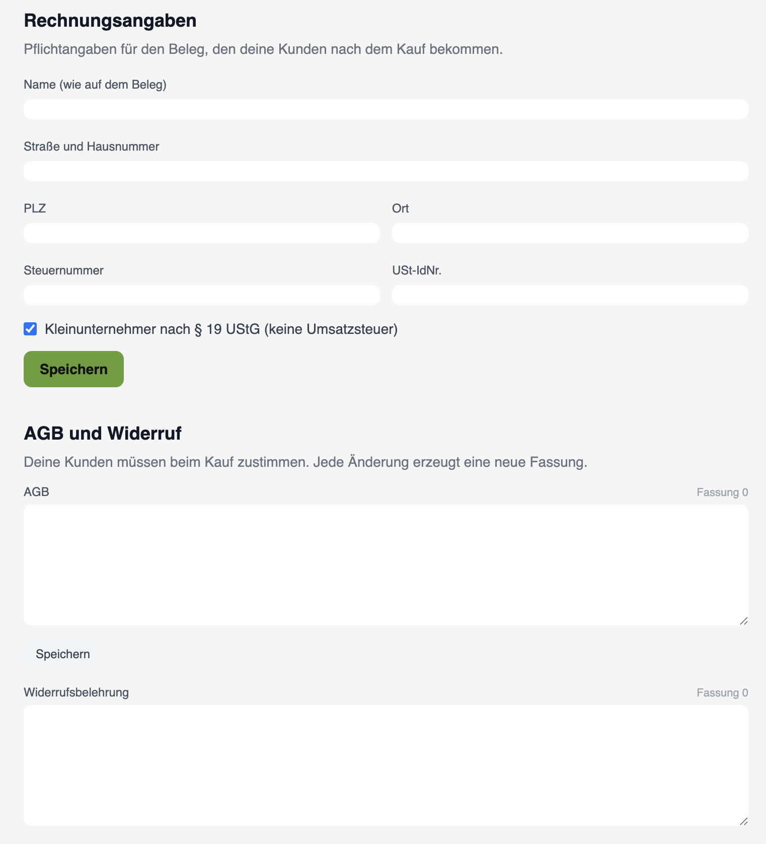 Die Abschnitte „Rechnungsangaben" und „AGB und Widerruf" im Menü Zahlungen mit den Feldern für Anschrift, Steuernummer und den Textfeldern für AGB und Widerrufsbelehrung